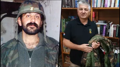 Vinko Grgić (desno) s jaknom poginulog zapovjednika obrane Lipika Ibrahima Abushaale – Gadafija (na slici lijevo)/Foto: Muzej vojne i ratne povijesti Pakrac