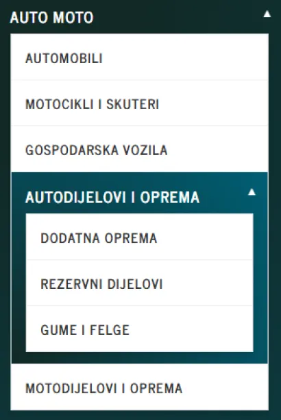 Rubrika " Auto moto" sa svojim potkategorijama, jasno i pregledno za tražiti